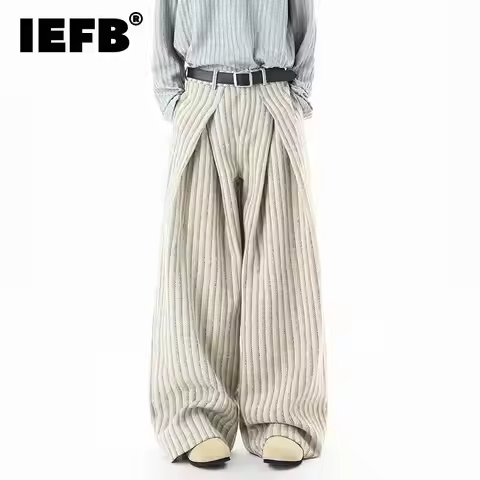 IEFB Niche Design Men's Casual Trousers Striped Contrast Color Woolen Pleated Loose Straight Wide Le