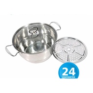 STEAM POT 24cm Stainless Steamer Pot + 24 Cm Glass Lid Free Steamer