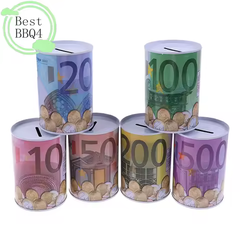 (BBQ4)1PC Creative Tinplate Cylinder Piggy Bank Euro Dollar Picture Box Household Saving Money Box H