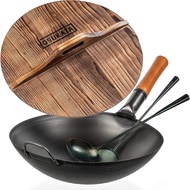 YOSUKATA Carbon Steel Wok Pan Round Bottom - 14 “ Premium Wok Cover 14 inch Pan Lid- Wooden Wok Lid 