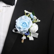 XPS Blue White Rose Boutonniere Wrist Corsage Set Artificial Silk Flowers Wedding Bridal Bridesmaid 