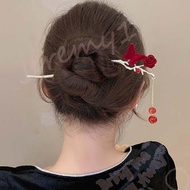 JEREMY1 Chinese Red Headwear, Hair Chopsticks Flocked Butterfly Rose Hair Stick, Elegant Cheongsam Hanfu Jewelry Ornaments Hair Accessories Hanfu Hairpin Lady