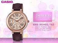 CASIO卡西歐手錶專賣店 國隆 SHEEN SHE-3034GL-7A2 三眼女錶 皮革錶帶 玫瑰金錶面 防水50米