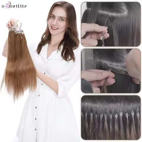 S-noilite 0.5g Micro Loop Hair Extensions Human Hair Microlink Micro Ring 100 Strands/Pack Black Bro