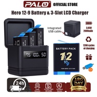 PALO GoPro Hero 12/11/10/9 Battery 2000mAh 3.85V & 3-Slot Smart Charging Case with LCD Screen