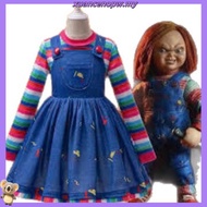 Horror Movie Chucky Doll Cosplay Costume For Kids Striped Top+Print Suspender Dress For Little Girl 