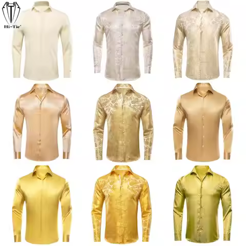 Hi-Tie Gold Beige Ivory Champagne Silk Mens Shirts Lapel Long Sleeve Dress Shirt Jacquard Blouse for