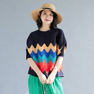 Summer  large size shirt with pleats loose and slim colorful striped T-shirt for women