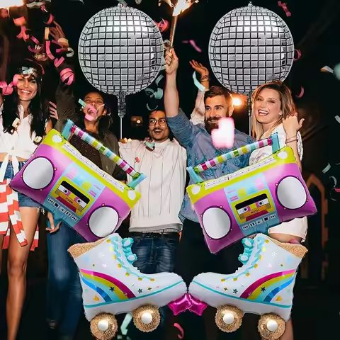 6Pcs 22Inch 4D Rainbow Roller Skate Balloon Boom Box Balloon Disco Foil Balloons 80 90s Retro Theme 