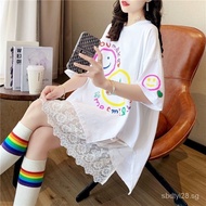 [2024 LATEST]Ready Stock Mid-Length Lace Stitching T-Shirt Women Short-Sleeved Top Korean Version ins Trendy Large Size Loose Design