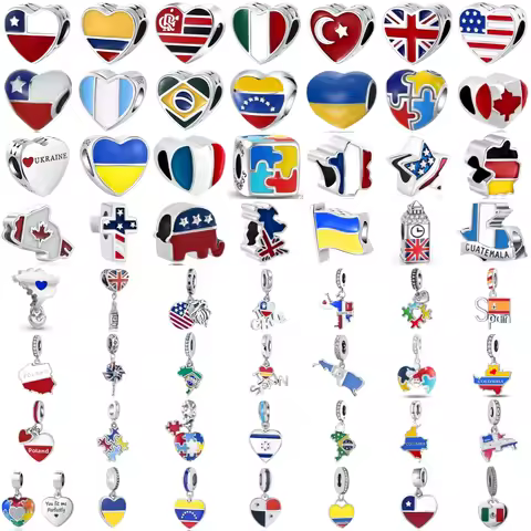 925 Sterling Silver Country Flag Charms Enamel Beads USA Ukraine Brazil Italy Spain Map Pendant Trav