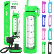 32 oz Glass Water Bottle with Straw Lid, Time Marker, Sleeve & Extra Lid - Motivational, Wide Mouth,