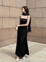 SET ANARA - Đầm lụa midi 2 dây phối khăn choàng tơ