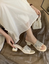 Fairy Pointed Toe รองเท้าส้นสูงคริสตัล Slip-On รองเท้าตาข่ายสุทธิผีเสื้อเงาเพชรสุภาพสตรีรองเท้าแตะ