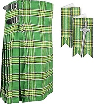 MEN's IRISH NATIONAL GREEN 8 YARD KILT with FLASHES & KILT PIN