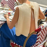 Y2k Fall Clothes Frenchy Style Women's Sleeveless Đan Tops With Round Line, Back Splited And Back Ti