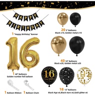 16th Black Gold Birthday Party Decoration Sets 40 Inch Gold Giant Number balloons with Birthday Bann