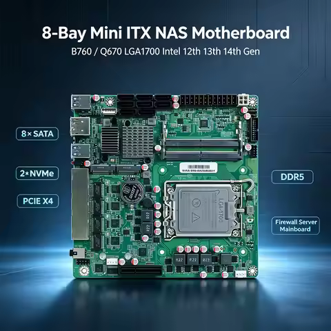 8-Bay Mini ITX NAS Motherboard B760 Q670 LGA1700 Intel 12th 13th 14th Gen 8×SATA 2×NVMe PCIE X4 DDR5