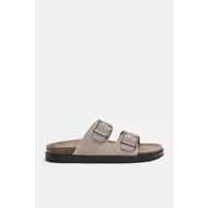 Men's flat-soled leather sandals with PB buckle in Ecru color