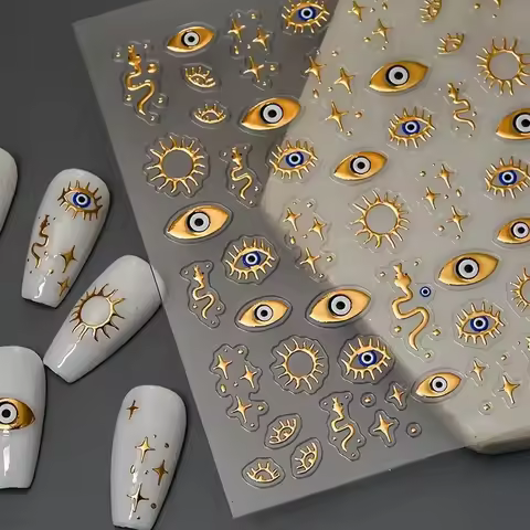 1pc 3D Eyes/Stars/Snake Designs Nail Stickers Angel Eye Nail Art Decor Golden & Blue Evil Eye Design