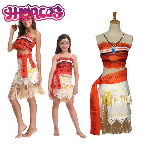 Adult Kids Princess Moana Cosplay Costume Dresses with Necklace for Women Girls Halloween Party Moan