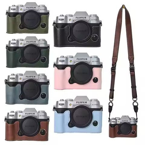 Litchi Pattern PU Leather Camera Half Case for Fujifilm XT50 Fuji X-T50 Bottom Battery Opening Magne