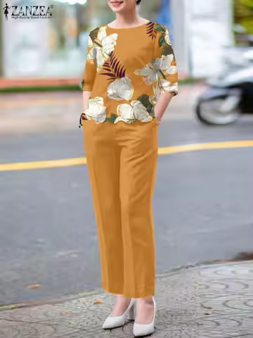 ZANZEA 2PCS Fashion Short Sleeve Floral Blouse Pant Sets Women Office Work Suit Summer Tracksuits El