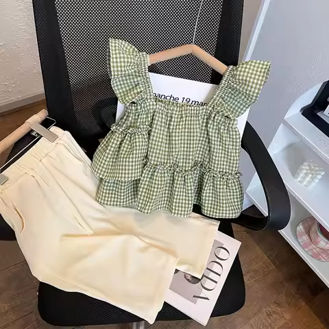 Summer Kids Clothes Green Plaid Fly Sleeved Top+solid Color Casual Pants 2-piece Set Girl Clothes Ve