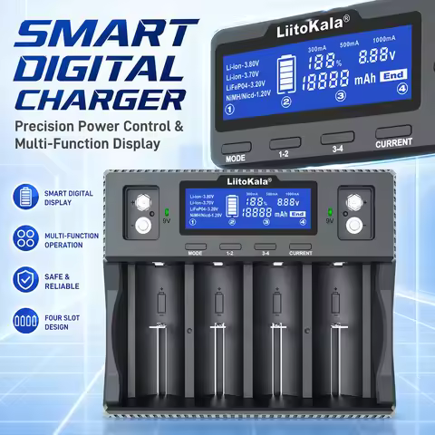 LiitoKala Lii-D4XL Smart Charger 4 Slots LCD For 18650 21700 26650 32700 AA AAA C D 9V LiIon NiMH Li