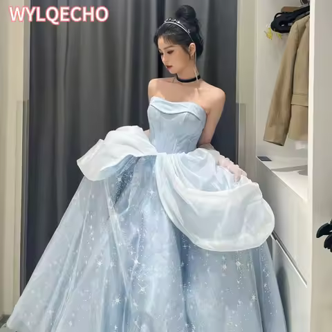 Blue Prom Dress Engagement Jacquard Dress France Vintage Sweet Korean Princess Fairy Dress Evening P