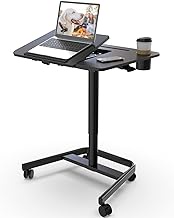 JOY worker Mobile Standing Desk, Pneumatic Height Adjustable Table, 60° Tiltable Rolling Laptop Desk, Portable Sit Stand Desk with Wheels Cup Holder for Bed Couch Hospital, Holds Up to 22lbs, Black