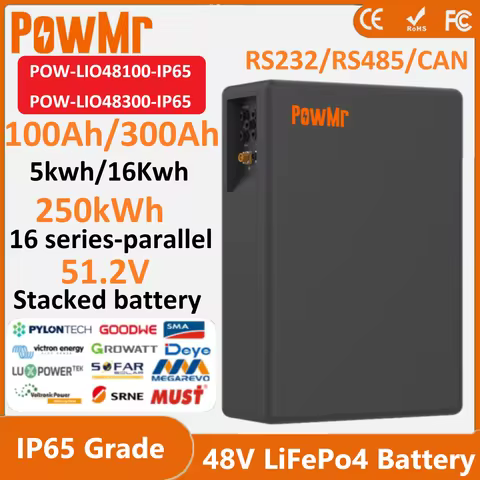 PowMr 48V IP65 Waterproof Battery 100AH 300AH LiFePO4 Battery Built-in BMS 6000+ Cycle 5KW/15KW Batt