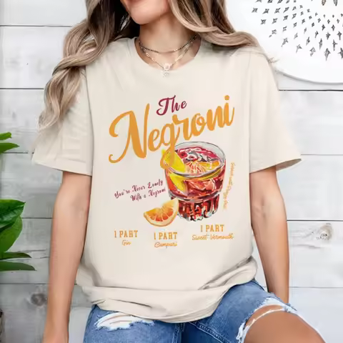 Negroni Women's Retro T-shirt Vintage Aesthetic Cocktail Drinking Lover T Shirt Loose Cotton Graphic