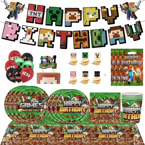 Minecraft Pixel Style Party Tableware Set Disposable Paper Plates Cups Napkins for Kids Birthday Gam