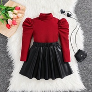 2pcs/Set Young Girls Elegant Casual Christmas Red Collar Long Sleeve T-Shirt + Black PU Leather Skir