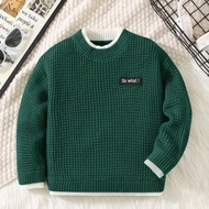 1pc Young Boys' 2 In 1 English Patch Basic Pullover Sweater, Suitable For Kids Outfits, Young Boy Cl