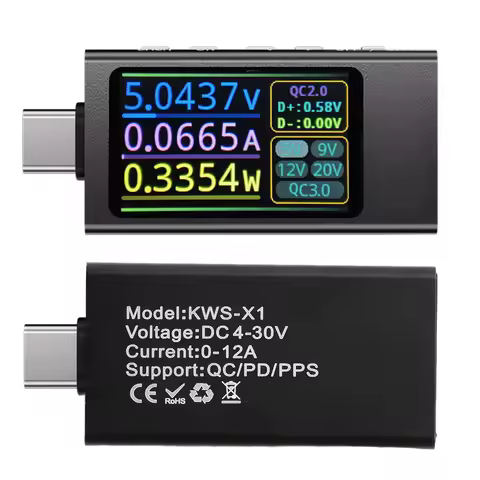 KWS-X1 Type-C Current and Voltage Monitor DC 4-30V 0-12A Power Meter Tester PD Battery Capacity Digi