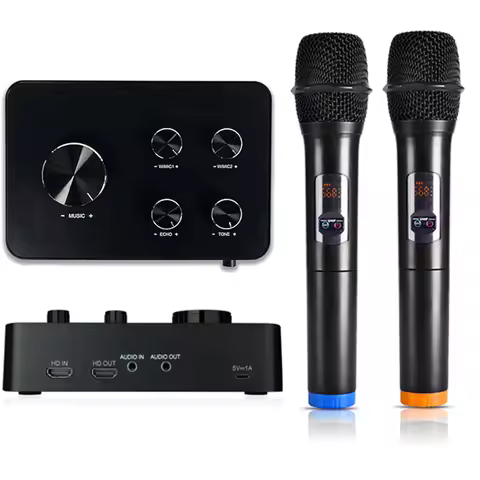 Karaoke AUX BT RCA Echo Tone Music UHF Black Karaoke Wireless Microphone Player Soundbar Speaker Kar