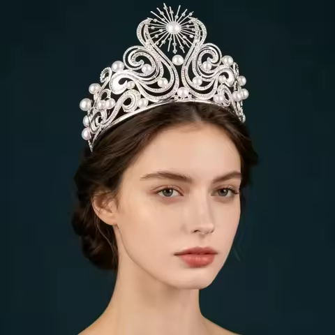 Luxury Silver Rhinestone Wave Design Sunburst Pearl Queen Tiara Miss Universe Style Bridal Wedding P