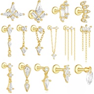 RODREASON Geometric Kite Zircon Chain Tassel Flat Back Threaded Helix Earring Cartilage Piercing Jew