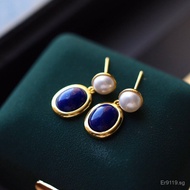 Oily Pure Silver Hot Item18k Gold Lapis Lazuli Texture Women's Earrings Plated Ethnic Style Pearl La