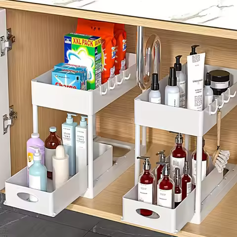 2026 Sliding Space Saving Organize Drawer Cabinet Multifunctional 2-Tier Under Sink Storage Space Sa