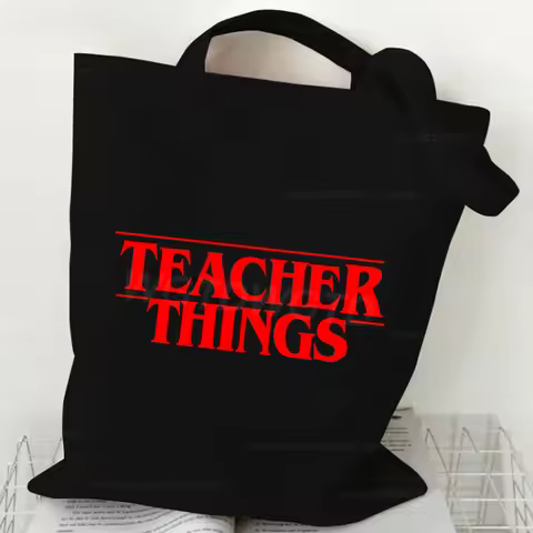 Teacher Things Themed Canvas Tote Bag Durable Eco Friendly Reusable Large Capacity Bag for School Co