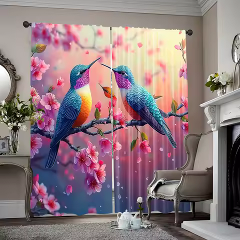 2pcs, 2D flat Window Curtains Charming hummingbirds Versatile Polyester,Without Electricity Family P