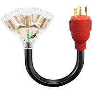 30 Amp to 15/20 Amp Locking Adapter Cord - NEMA L5-30P Male to 3X 5-20R Female with LED Indicator, 1