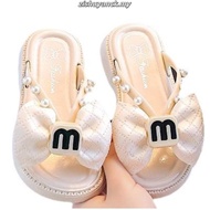 【HM】现货  儿童拖鞋交叉凉拖鞋女2024夏季新款网红沙滩蝴蝶结小香风一字拖  selipar raya kanak kanak perempuan