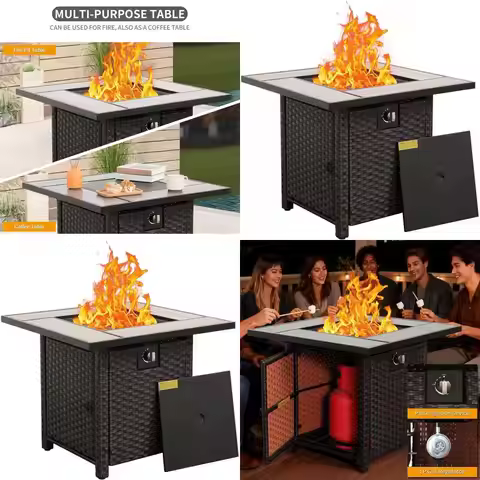 30 Inch Outdoor Wicker Gas Fire Pit Table with Woodgrain Marble Top, Blue Crystal Beads, and Cover