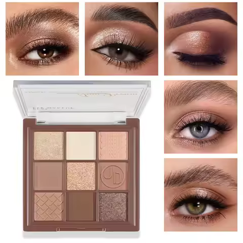 9-Color Neutral Eyeshadow Palette - Matte/Shimmer/Glitter Textures, Warm Brown Tones, Daily Natural 