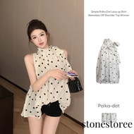 KEMEJA Women's Summer Open Shoulder Sleeveless Polka Dot Shirt with Hanging Neck ST