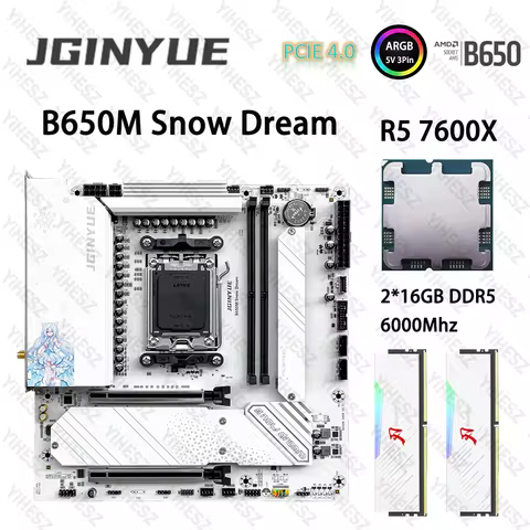 JGINYUE B650M AM5 Motherboard Set With R5 7600X 2*16GB=32GB DDR5 6000Mhz ARGB PCIe 4.0×4 M.2 B650M S